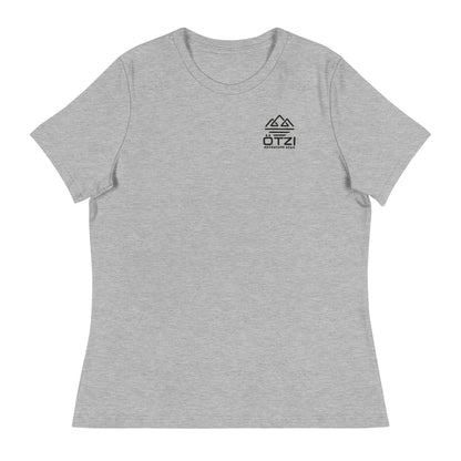 Gray women's crew neck t-shirt with small black graphic on the chest