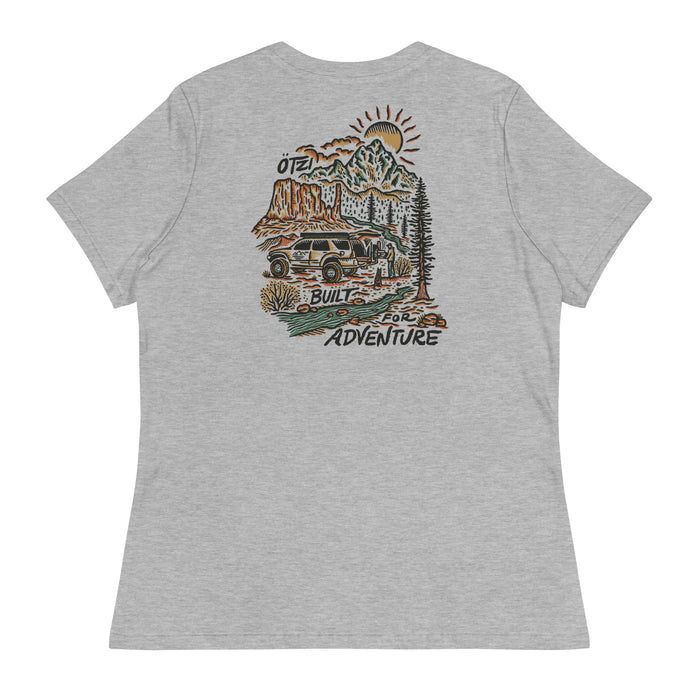Gray t-shirt with a graphic of a mountain, sun, and off-road vehicle with 'Built for Adventure' text on the back