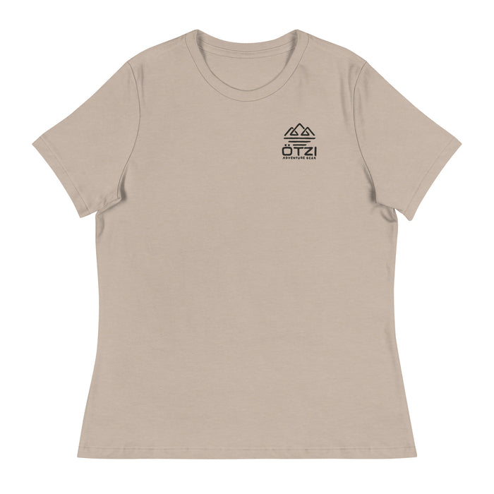 Beige unisex t-shirt with small black mountain logo and 'ÖTZI Adventure Gear' text on chest