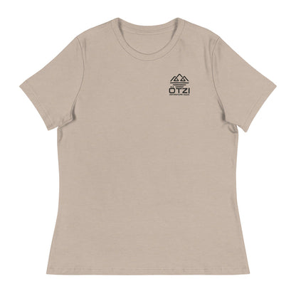 Beige unisex t-shirt with small black mountain logo and 'ÖTZI Adventure Gear' text on chest