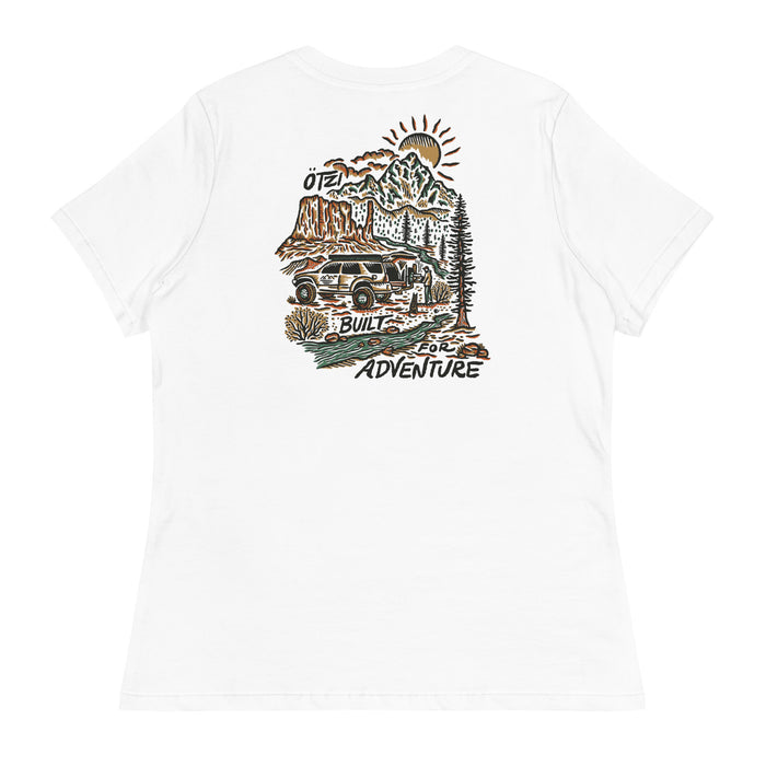 White t-shirt with illustrated off-road SUV, mountains, and 'Built for Adventure' text on the back
