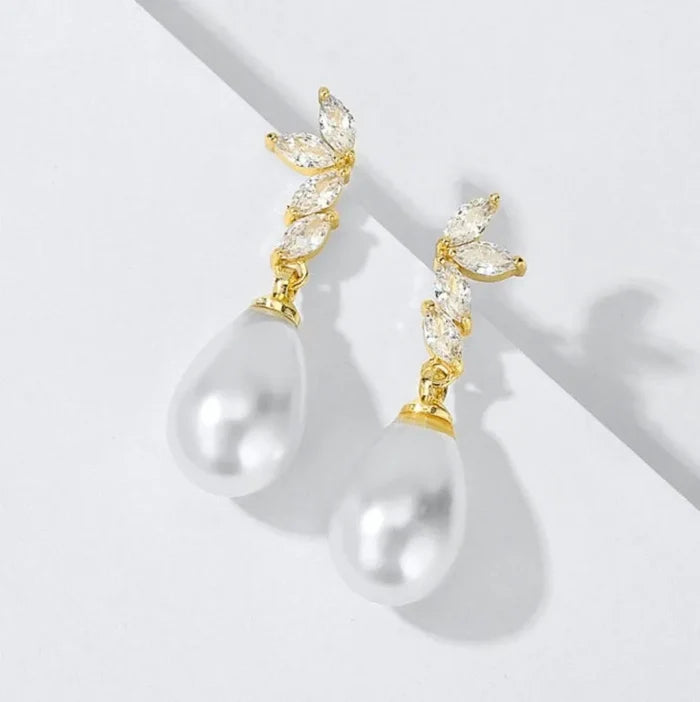 Pearl Wedding Jewelry - Pearl and Cubic Zirconia Bridal Earrings - Available in Rose Gold, Silver and Yellow Gold