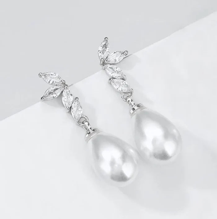 Pearl Wedding Jewelry - Pearl and Cubic Zirconia Bridal Earrings - Available in Rose Gold, Silver and Yellow Gold