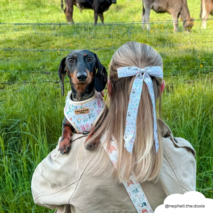 Woman wearing Coconut Lane Ribbon Bow Clip with farm animal pattern, holding a dachshund in a field with cows nearby.