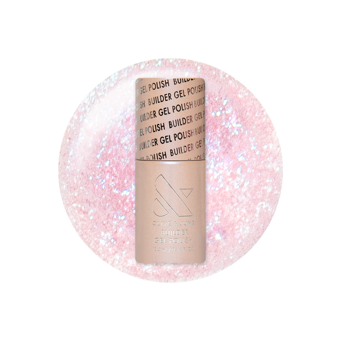 Rose Glaze - Builder Gel bottle on pink iridescent gel polish background for manicure and nail strength
