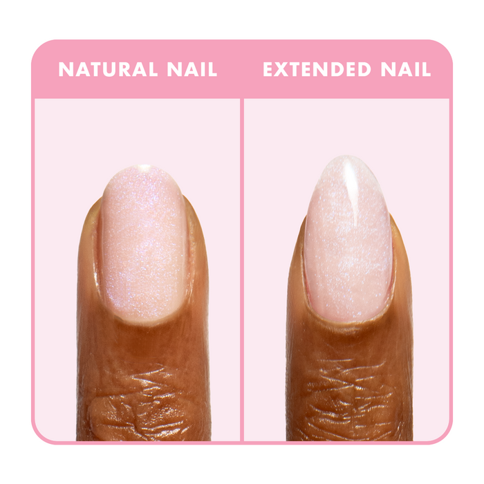Rose Glaze - Builder Gel on natural and extended nails with sheer pink iridescent manicure on neutral background