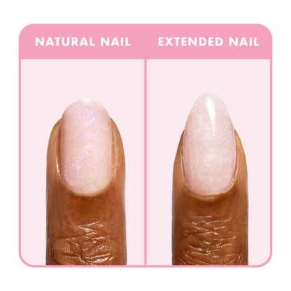 Rose Glaze - Builder Gel on natural and extended nails with sheer pink iridescent manicure on neutral background