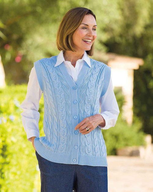 Rosie Pale Blue Cable Knit Pure Cotton Waistcoat - Country Collection