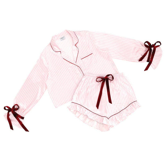 Ruffled Short PJ Set with Velvet Ties - Pink + White Stripes