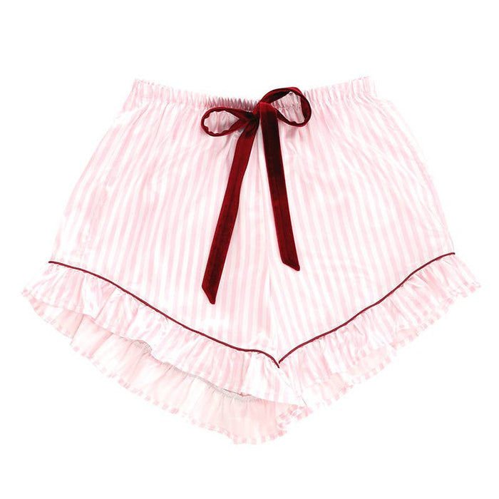 Ruffled Short PJ Set with Velvet Ties - Pink + White Stripes