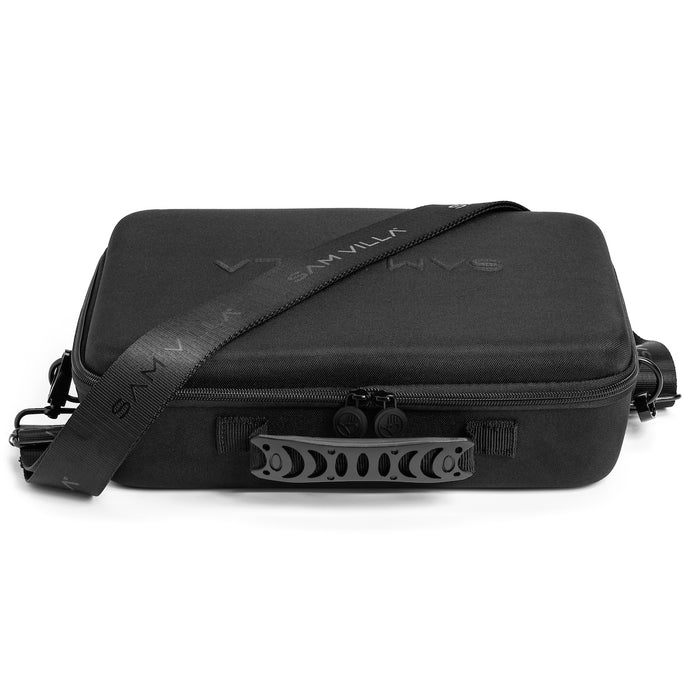 Sam Villa Blow Dryer Case, professional molded carrying case with secure compartments for blow dryer, two nozzles, diffuser, and essential salon tools, adjustable Velcro straps for organized storage, comfortable branded shoulder strap and soft-touch handle, durable construction for travel and salon use, protects and transports hair styling tools with ease