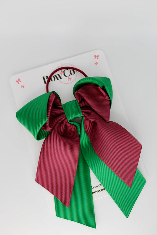 School Bow Forest Green and Burgundy - Loop Tail Bow - Elastic