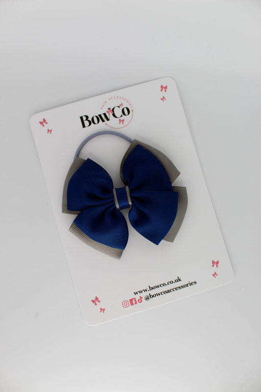 School Bow Navy and Metal Grey - Layer Edge Bow - Elastic