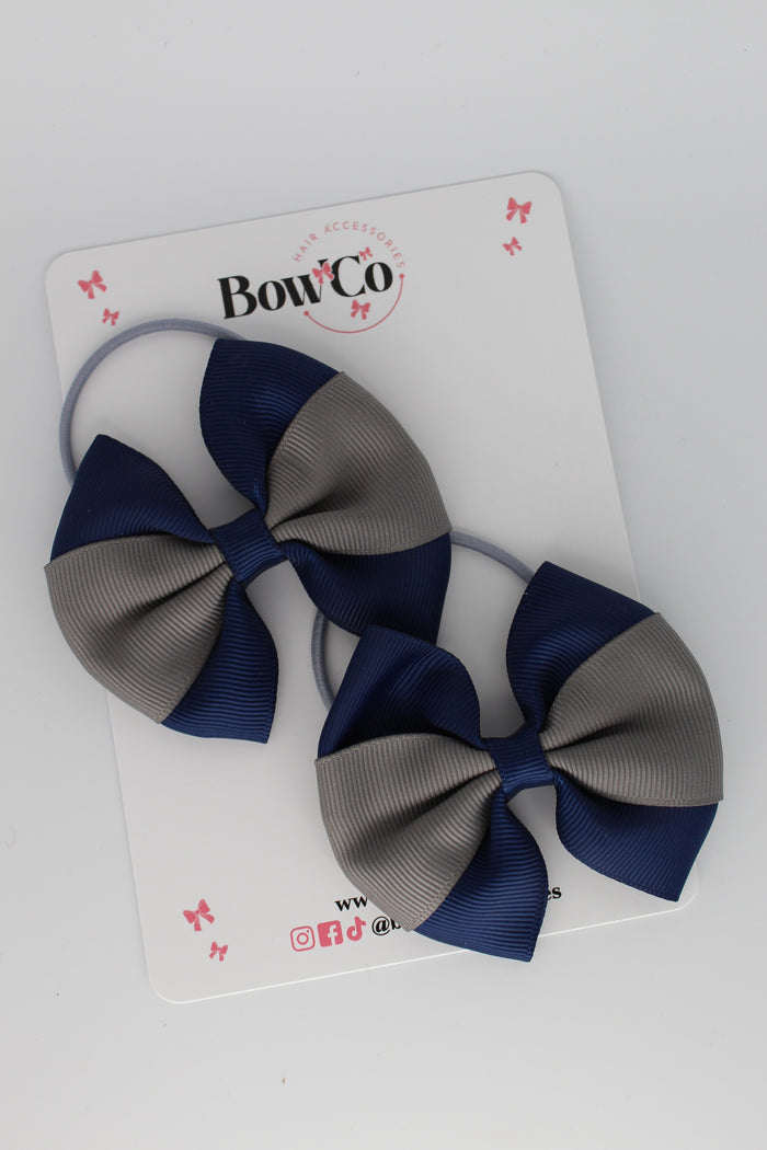 School Bows - Navy and Metal Grey - Round Tuxedo Bow Set - Elastic