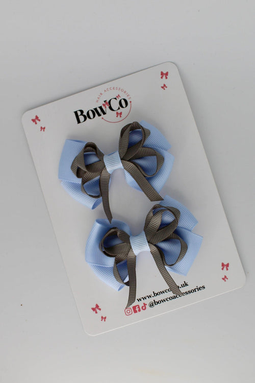 School Bows Bluebell and Metal Grey - Double Bow Set - Clip
