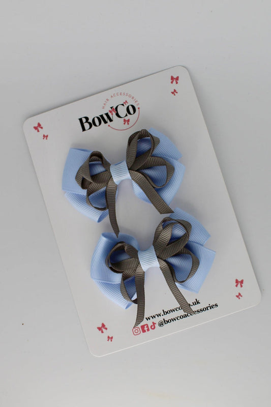School Bows Bluebell and Metal Grey - Double Bow Set - Clip