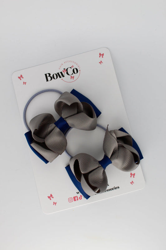 School Bows Navy and Metal Grey - Pleated Bow Set - Elastic