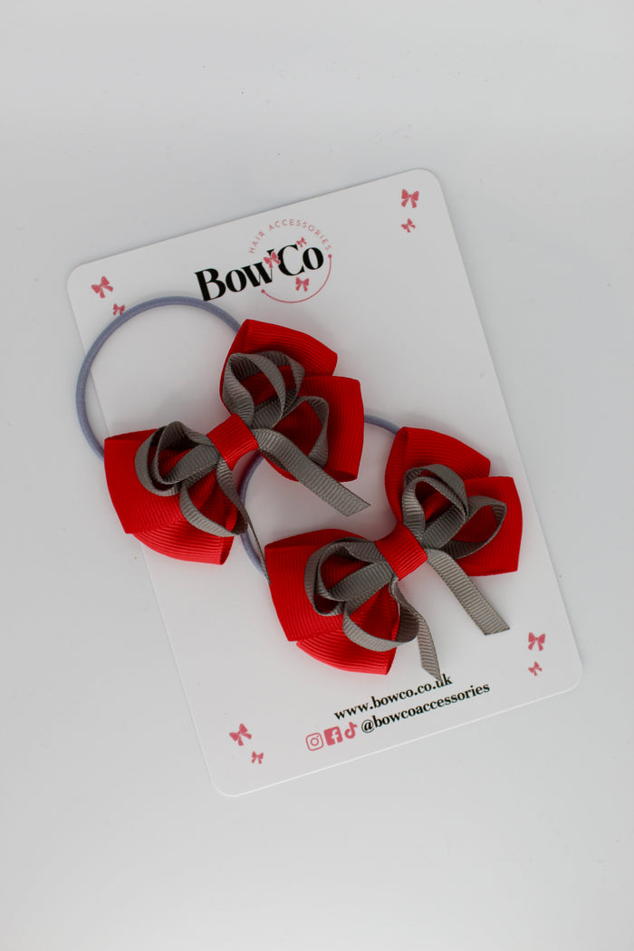 School Bows Red and Metal Grey - Double Bow Set - Elastic