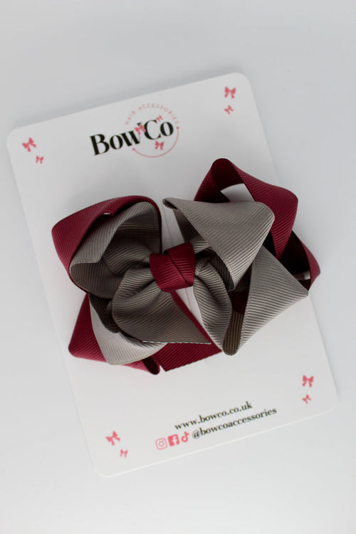 School Burgundy and Grey Double Loop Bow - Clip