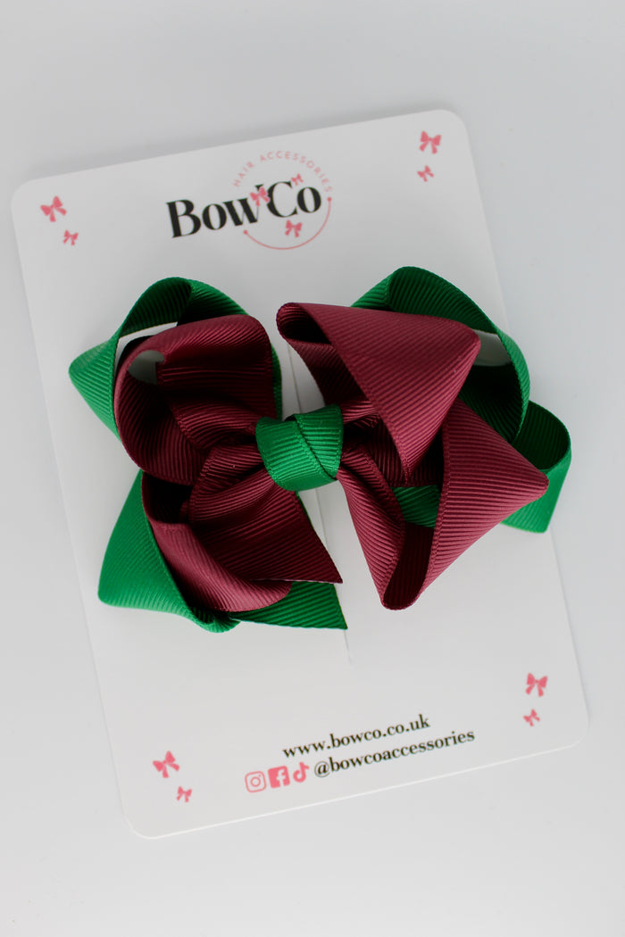 School Green and Burgundy Double Loop Bow - Clip