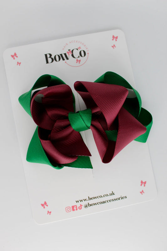 School Green and Burgundy Double Loop Bow - Clip
