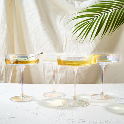 Set of 4 Ripple Ribbed Champagne Coupe Iridescent Colored