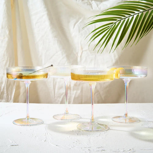 Set of 4 Ripple Ribbed Champagne Coupe Iridescent Colored