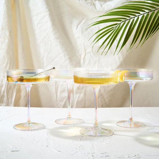 Set of 4 Ripple Ribbed Champagne Coupe Iridescent Colored
