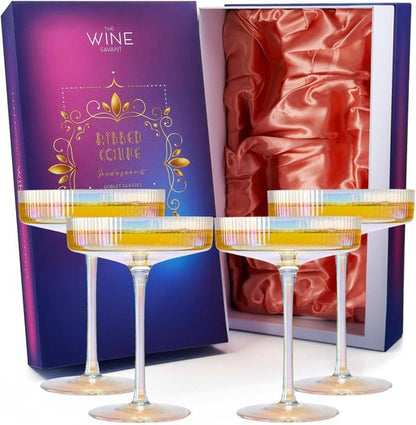Set of 4 Ripple Ribbed Champagne Coupe Iridescent Colored