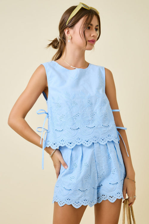 Sleeveless Linen Embroidered Top Double Side Ties