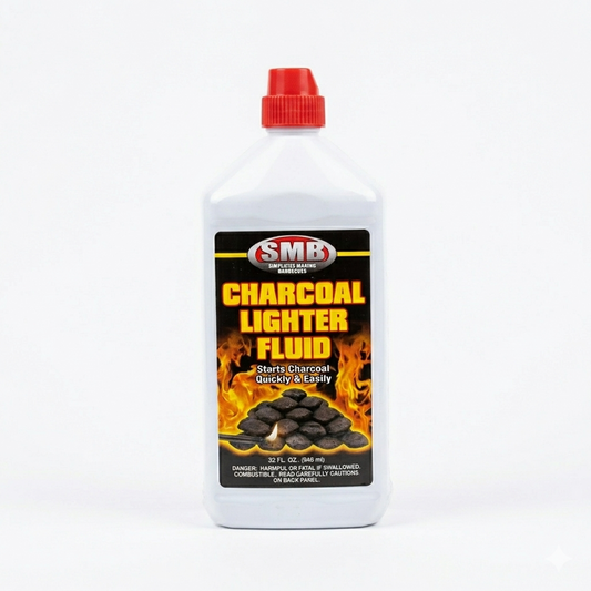 Bottle of SMB Charcoal Lighter Fluid on a white background