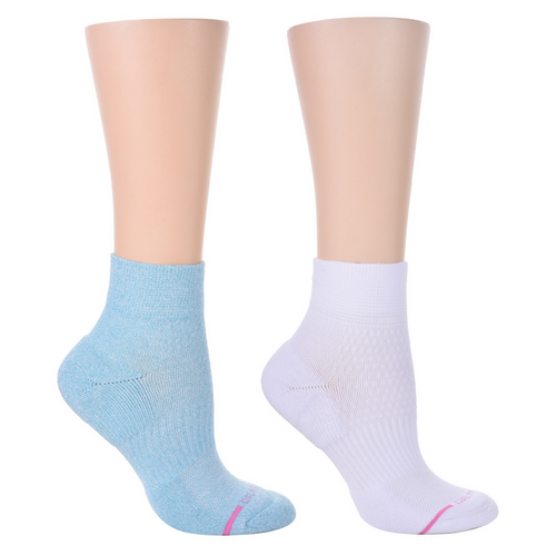Light blue and white quarter compression socks displayed on mannequin legs.
