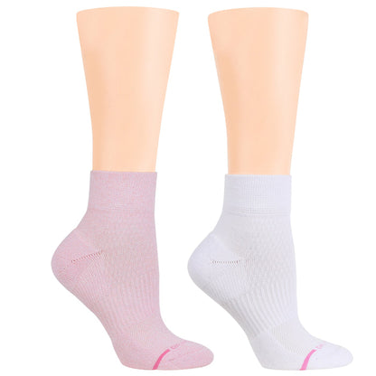 Quarter-length compression socks in pink and white, displayed on mannequin feet.