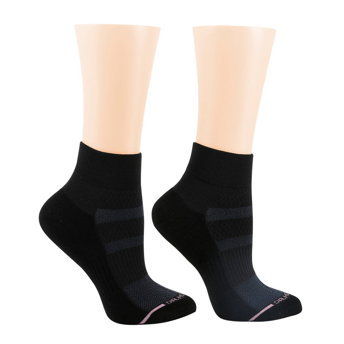 Black quarter compression socks with a textured design and ribbed cuff, displayed on mannequin feet.