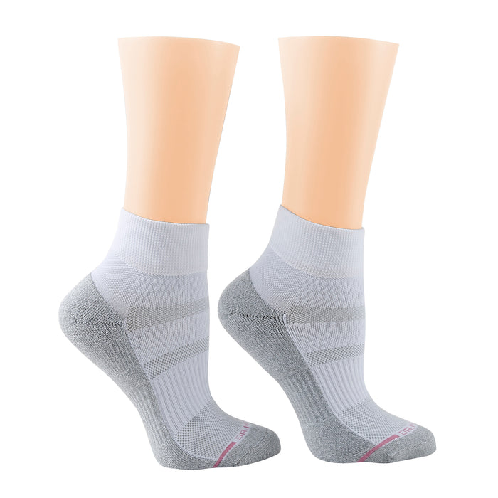 Quarter-length compression socks in gray and white with textured patterns and reinforced heel and toe.