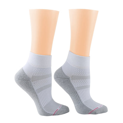 Quarter-length compression socks in gray and white with textured patterns and reinforced heel and toe.