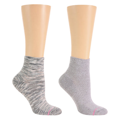 Two pairs of quarter-length compression socks in gray and a marled pattern, displayed on mannequin legs.