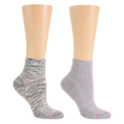 Two pairs of quarter-length compression socks in gray and a marled pattern, displayed on mannequin legs.