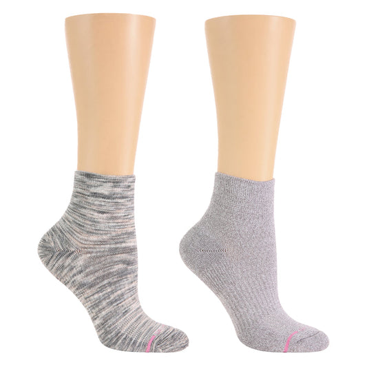 Two pairs of quarter-length compression socks in gray and a marled pattern, displayed on mannequin legs.