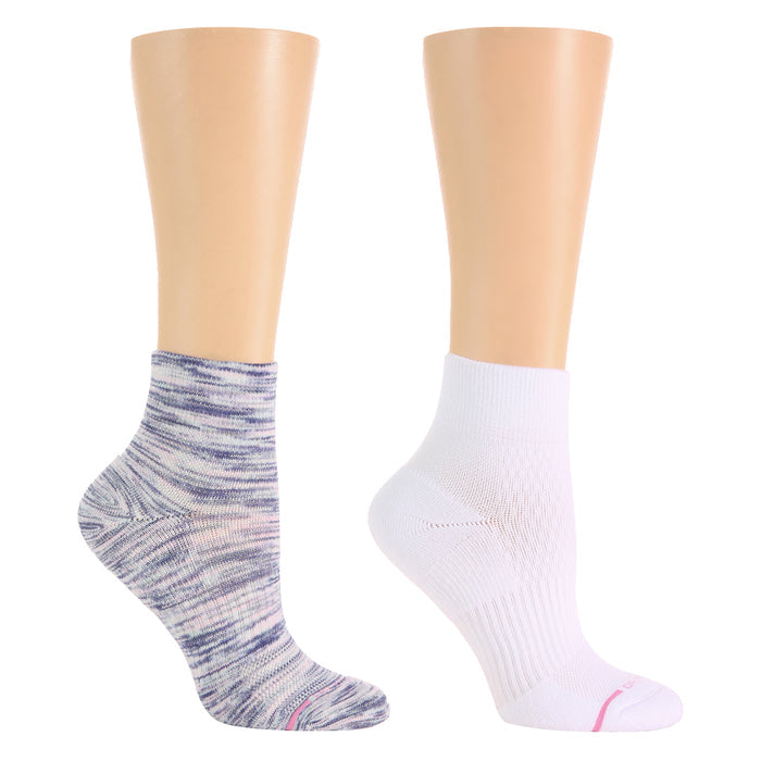 Quarter-length compression socks in purple and white, displayed on a mannequin leg.
