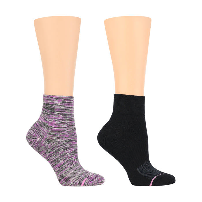Quarter-length compression socks in purple and black, displayed on mannequin feet.