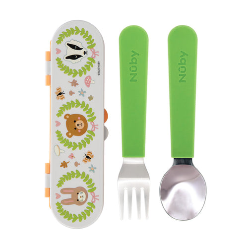 The Nuby Stainless Steel Toddler Utensil Set | Forest Animals features a green-handled fork and spoon with a white travel case adorned with animal faces, leaves, and mushrooms—perfect for kids learning to self-feed.