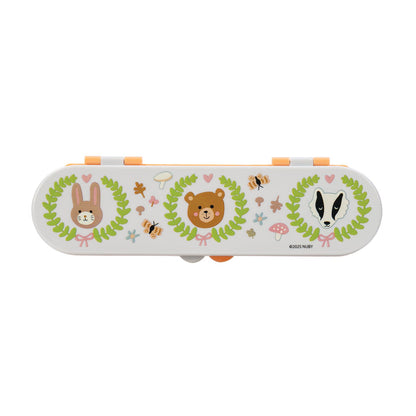 The Nuby Stainless Steel Toddler Utensil Set | Forest Animals comes in a white rectangular travel case with orange clasps, featuring bunny, bear, and badger designs among leafy wreaths—perfect for storing utensils and self-feeding essentials.