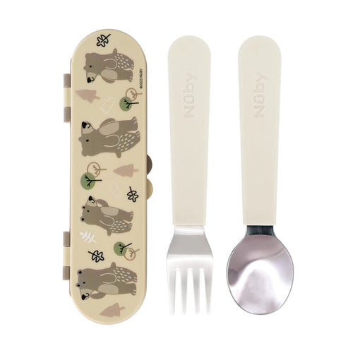 The Nuby Stainless Steel Toddler Utensil Set | Forest Bears includes a beige fork, spoon, and travel case with cartoon bears, trees, and leaves—perfect for self-feeding on the go.