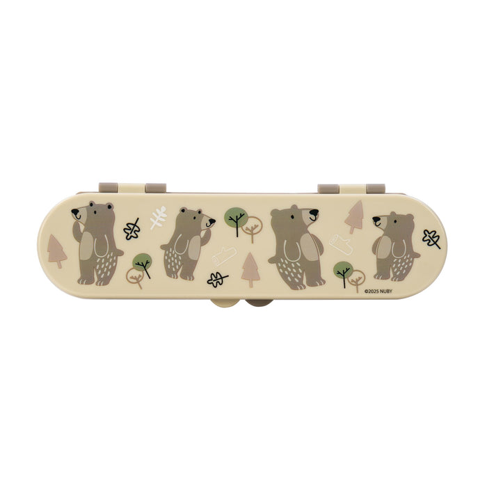 The Nuby Stainless Steel Toddler Utensil Set | Forest Bears comes in a beige rectangular case with three cartoon bears and trees—ideal for carrying utensils and encouraging toddler self-feeding on the go.