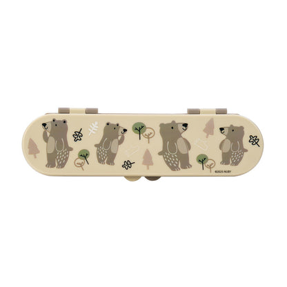 The Nuby Stainless Steel Toddler Utensil Set | Forest Bears comes in a beige rectangular case with three cartoon bears and trees—ideal for carrying utensils and encouraging toddler self-feeding on the go.