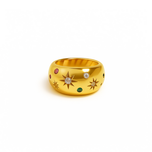 Gold signet ring with star engravings and small diamond, emerald, and ruby gemstones.