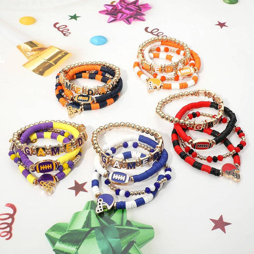 Stretch Multi Layered Bracelets-GAMEDAY Football Charm Heishi Beaded