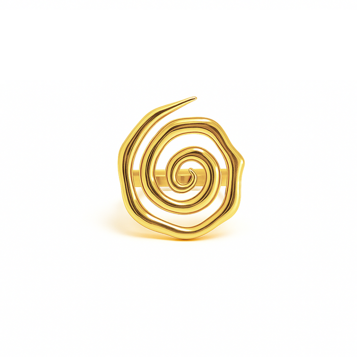 Gold spiral ring with a bold, abstract design and glossy finish.