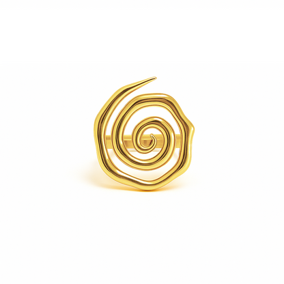 Gold spiral ring with a bold, abstract design and glossy finish.